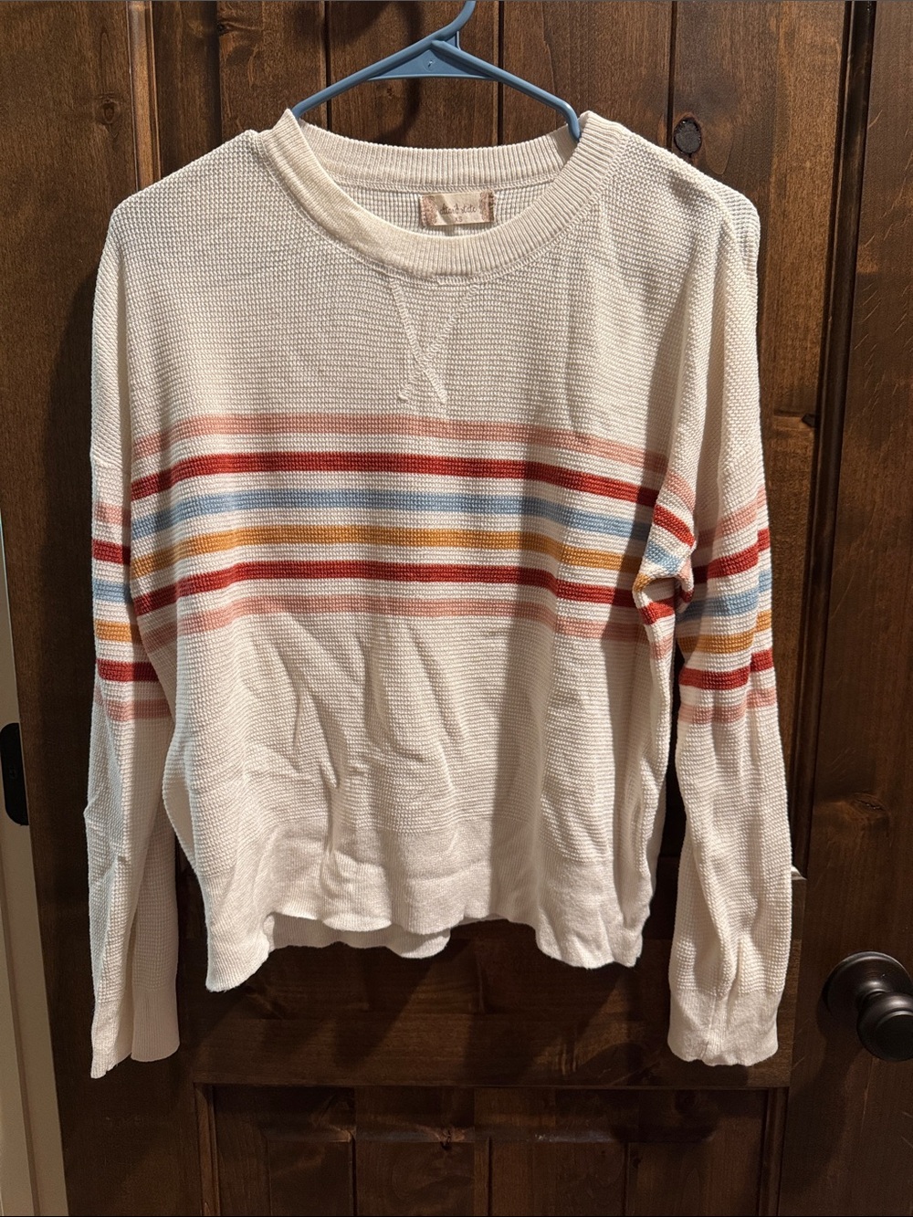 Altar'd State Cream Waffle Knit Pullover with Red, Blue & Orange Stripes
